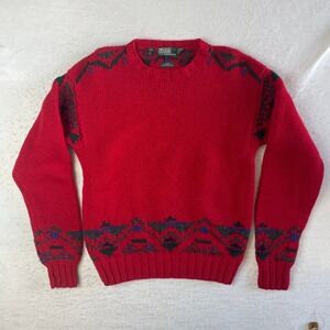 Polo Ralph Lauren Handknit Wool Sweater Mens Small Red Aztec Fair‎ Isle Crewneck
